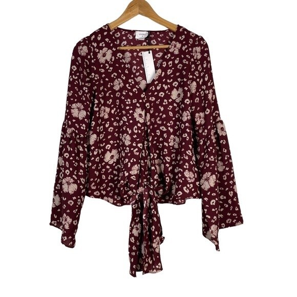 Everly Long Bell Sleeves Cheetah Floral Print Front Tie Top Size Small NEW - Picture 1 of 12